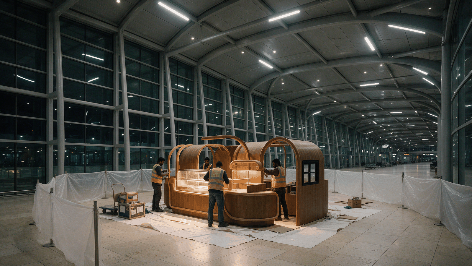 Illustrative overnight installation of prefabricated kiosk modules in an empty airport concourse